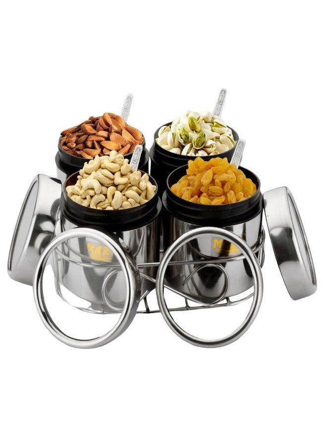 مارو مجموعة حاويات تخزين متعددة الأغراض من الفولاذ المقاوم للصدأ من مارو، سعة كل منها 350 مل، مزودة بأغطية شفافة وحامل سلكي، مثالية لتخزين الفواكه المجففة والتوابل والبهارات، برطمانات توابل أنيقة لتنظيم المطبخ. - Image 1